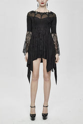 Schwarzes, schulterfreies, dehnbares, gestricktes, sexy Spitzenkleid mit Hornärmeln für Damen im Gothic-Stil